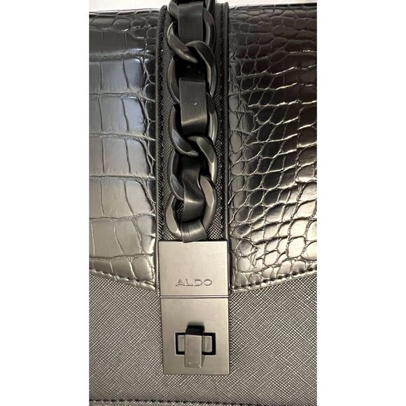 Aldo black croc embossed faux leather top handle satchel with crossbody strap - Picture 3 of 11